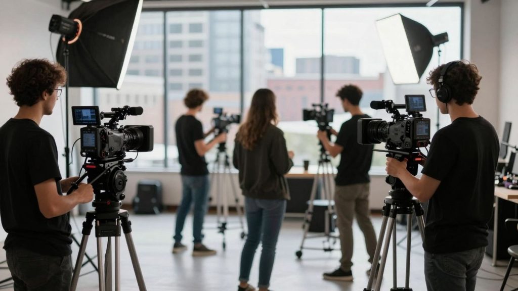 Video production studio with cameras and lighting equipment