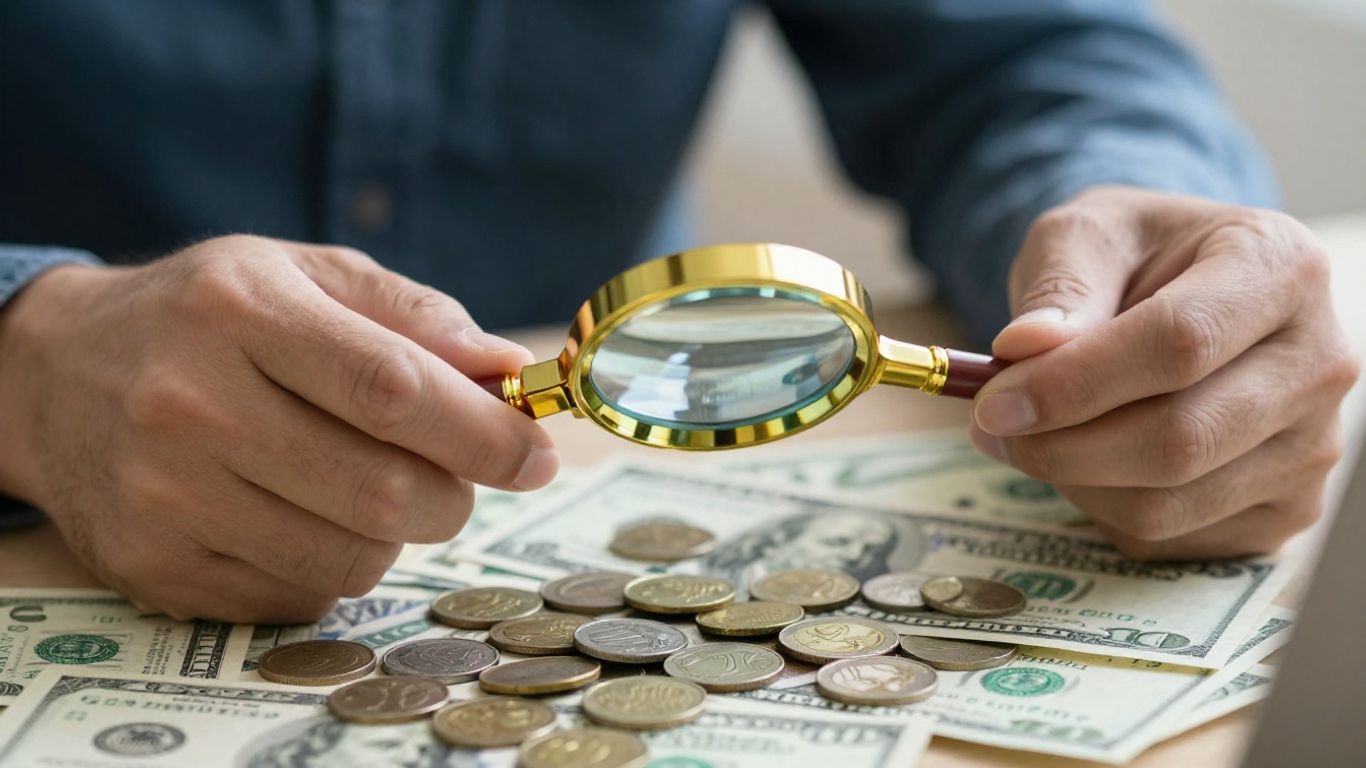Magnifying glass over coins and dollar bills.