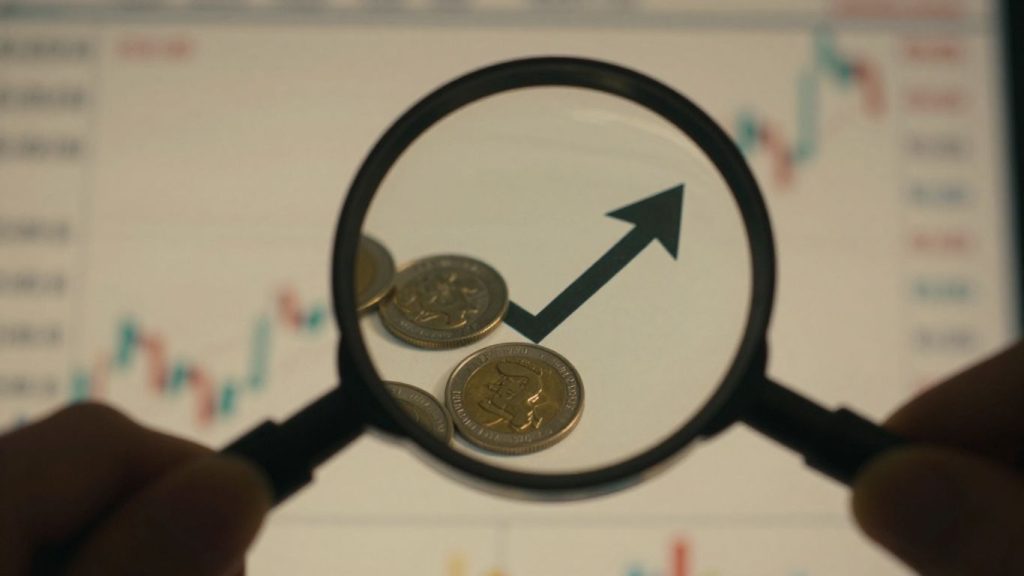 Magnifying glass over coins and rising arrow on digital display.