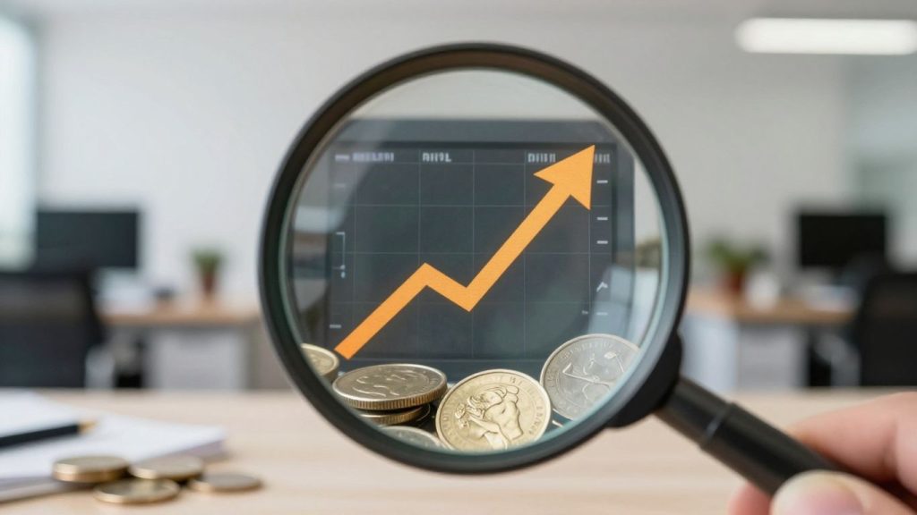 Magnifying glass over coins and rising arrow on screen.